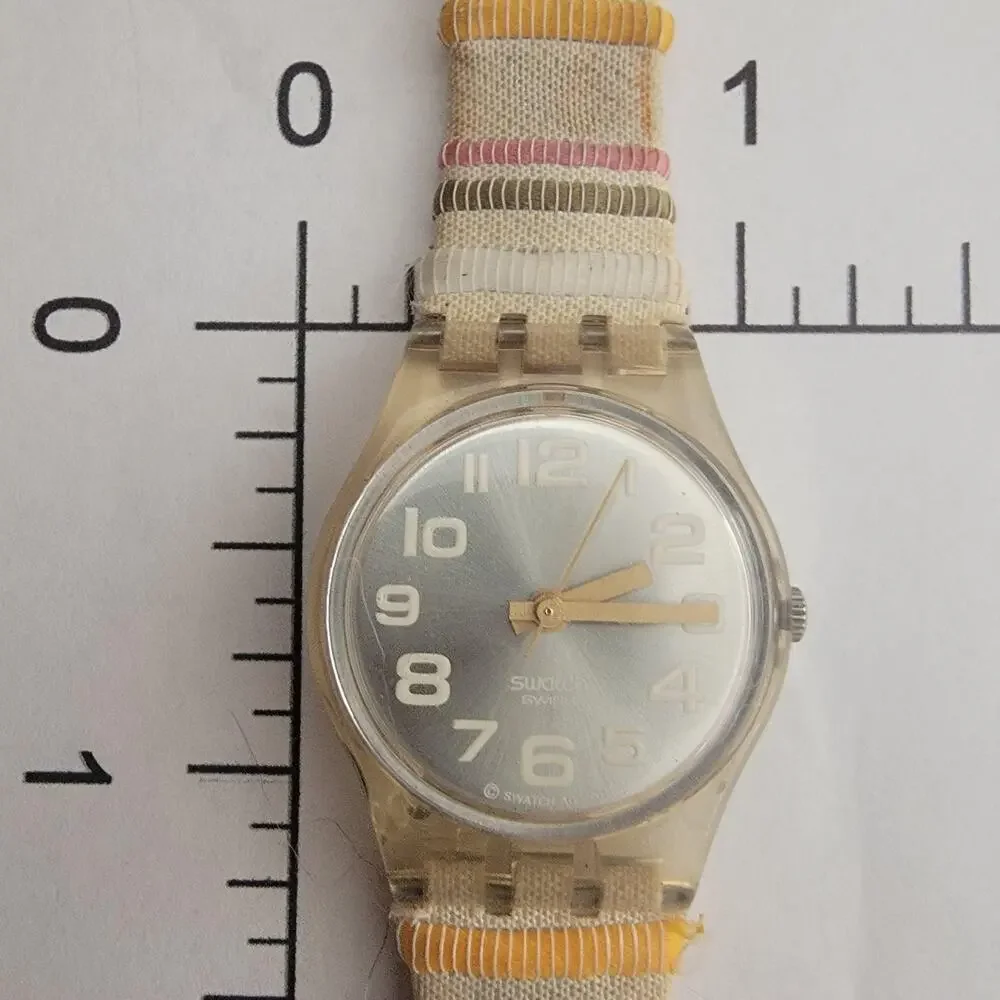 Vintage Swatch Womens Watch Clear Case Silver Dial Striped Fabric Strap Quartz